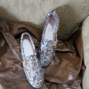 Silver Sequin Loafers with Gold Buckle. FLEXIBLE N COMFY